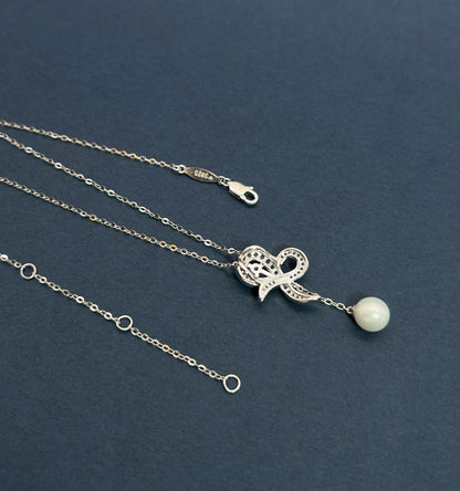 Moissanite Bow Necklace: Sterling Silver Pearl Dangle Bridal Pendant
