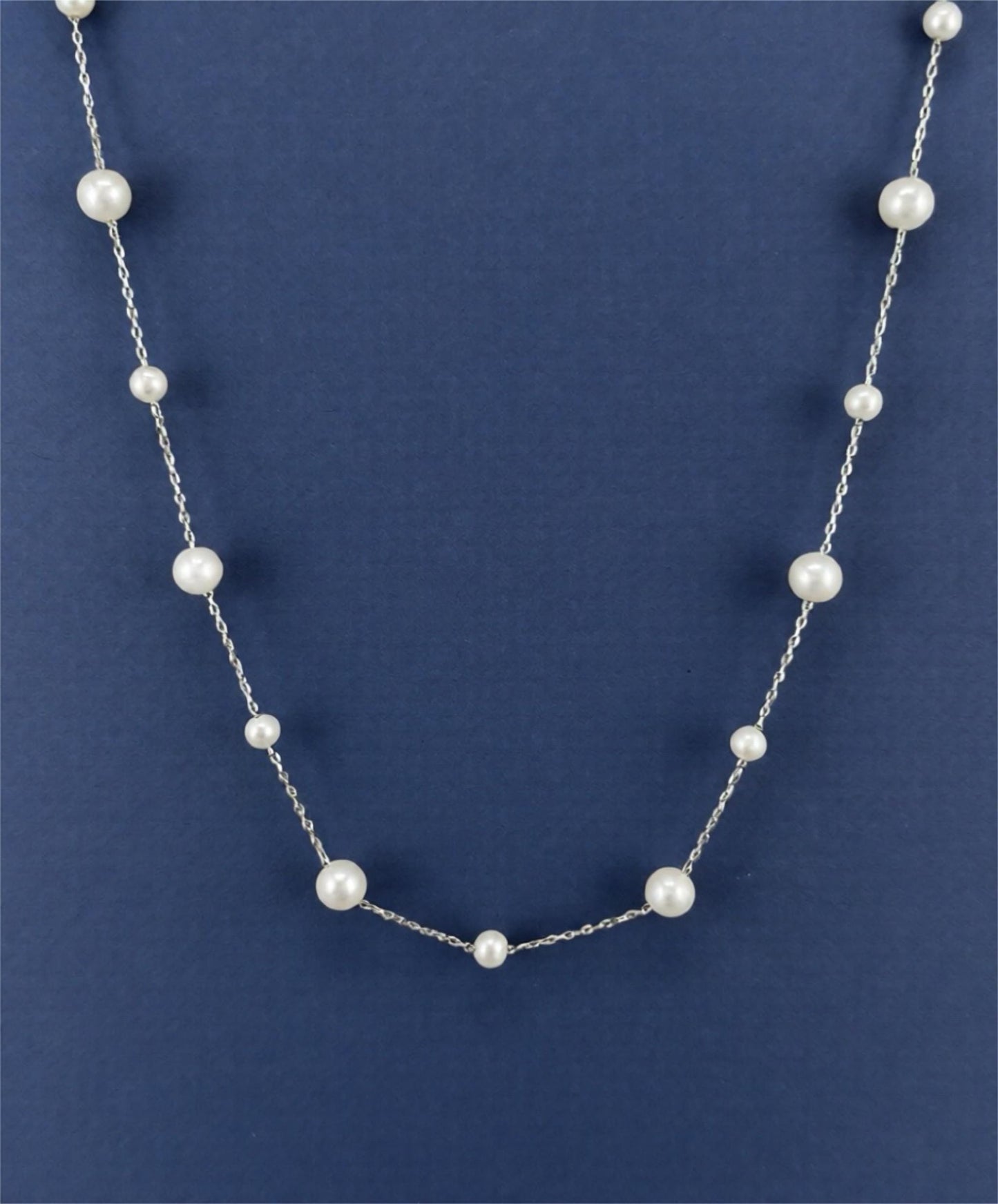 Pearls by the Yard Necklace: Freshwater Pearl Station Necklace in Rhodium Plated Sterling Silver | Adjustable 16-18'' | Bridal Necklace