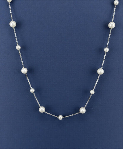Pearls by the Yard Necklace: Freshwater Pearl Station Necklace in Rhodium Plated Sterling Silver | Adjustable 16-18'' | Bridal Necklace