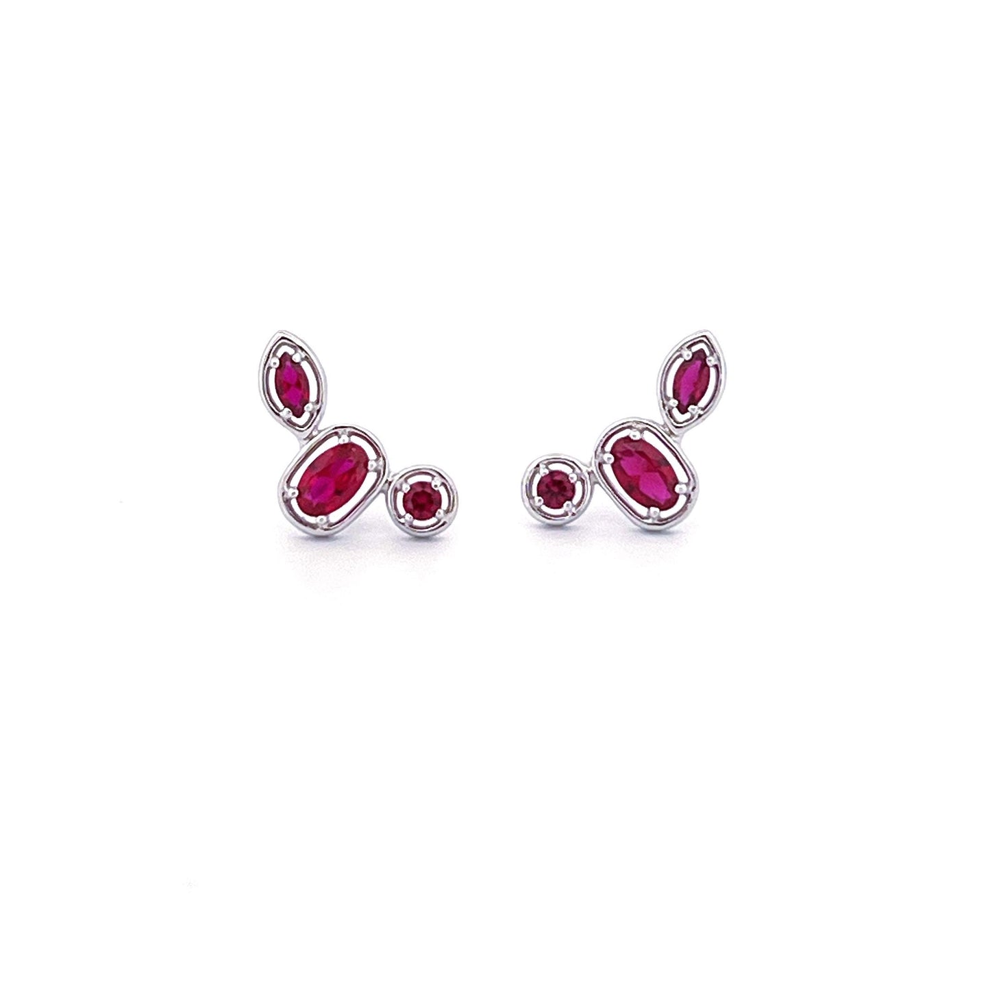 Ruby Ear Climber Stud Earrings: Rhodium Plated Sterling Silver