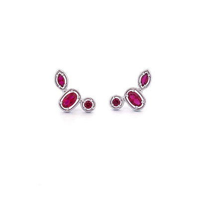 Ruby Ear Climber Stud Earrings: Rhodium Plated Sterling Silver