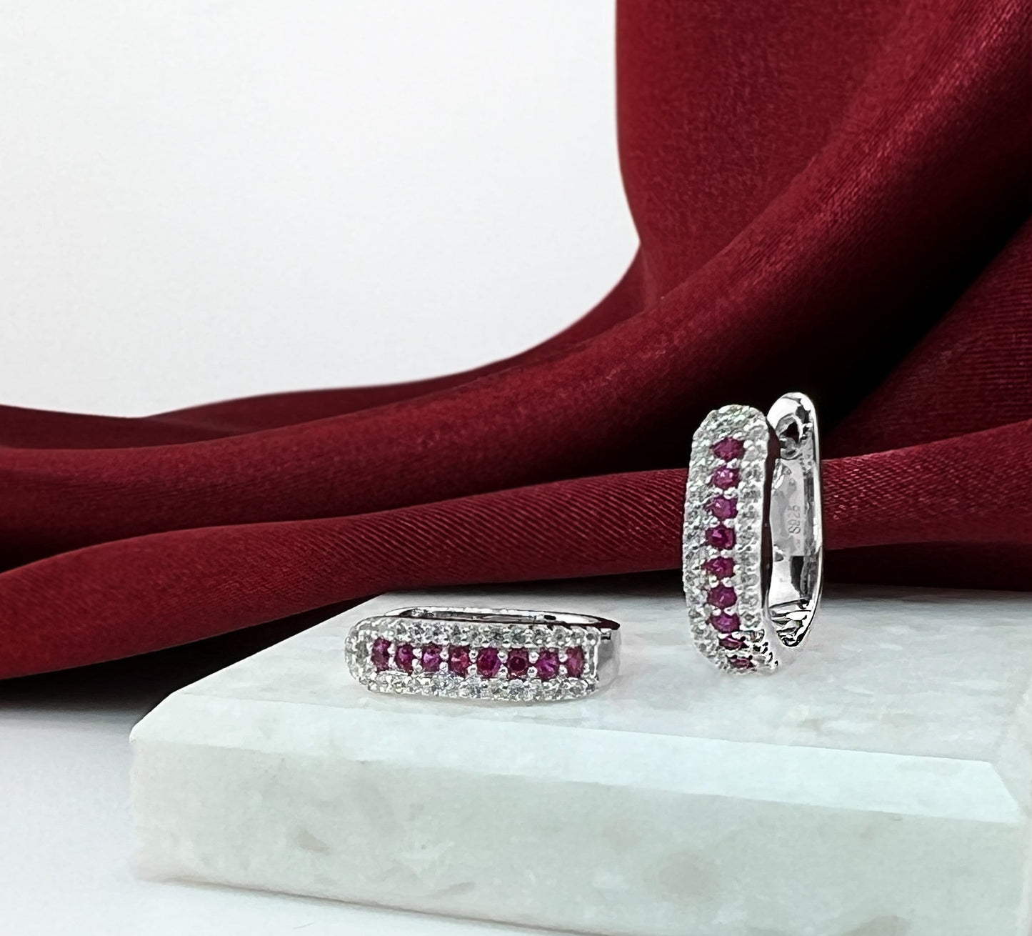 Ruby Huggie Earrings: Rhodium-Plated Sterling Silver, Small Hoop Earrings