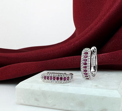 Ruby Huggie Earrings: Rhodium-Plated Sterling Silver, Small Hoop Earrings