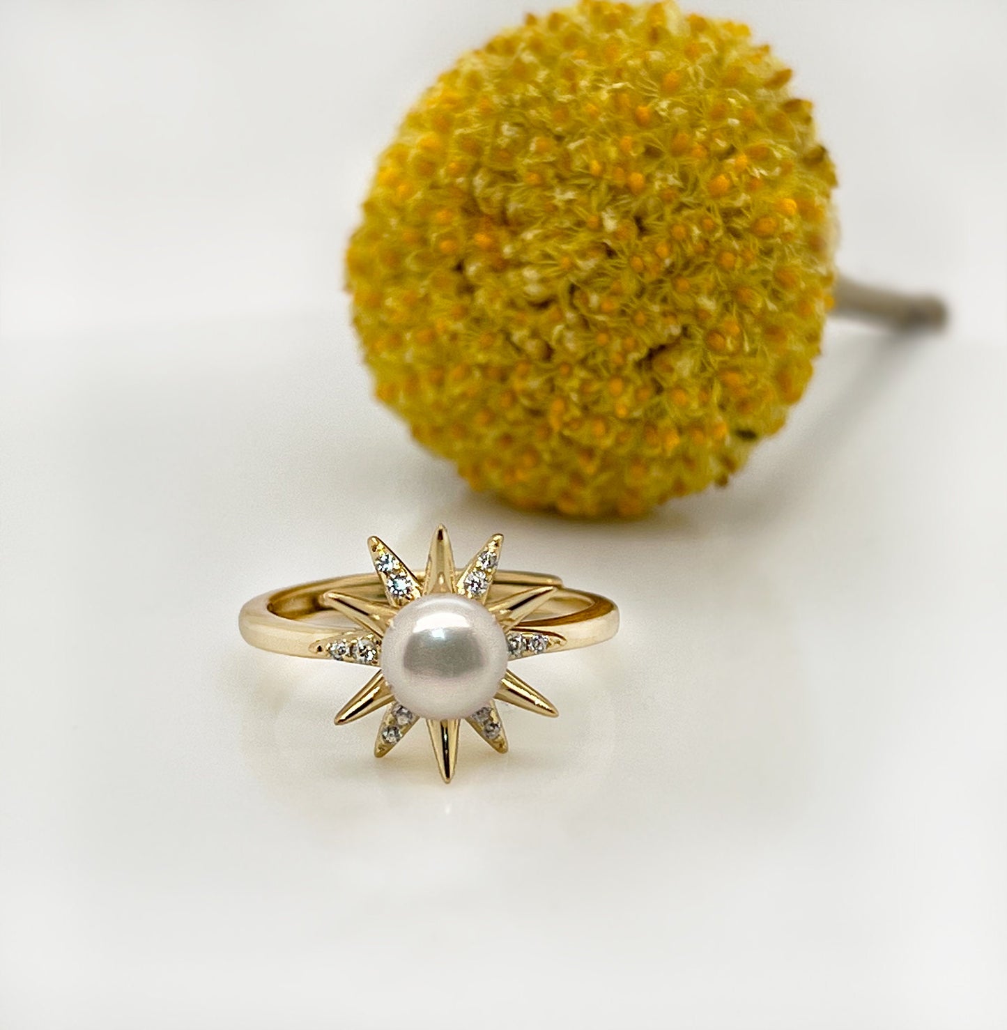 Freshwater Pearl Ring: Yellow Gold Plated Sterling Silver CZ Starburst, Adjustable