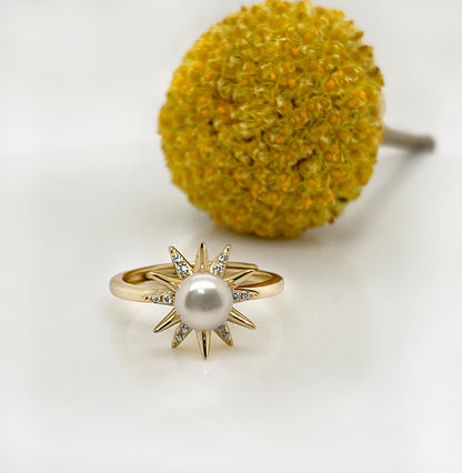 Freshwater Pearl Ring: Yellow Gold Plated Sterling Silver CZ Starburst, Adjustable