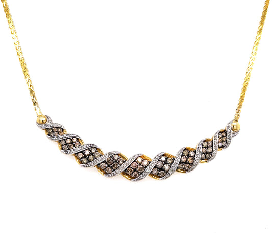 Vintage 14K Yellow Gold Chevron Necklace: 2Ct Champagne & White Diamond V Pendant