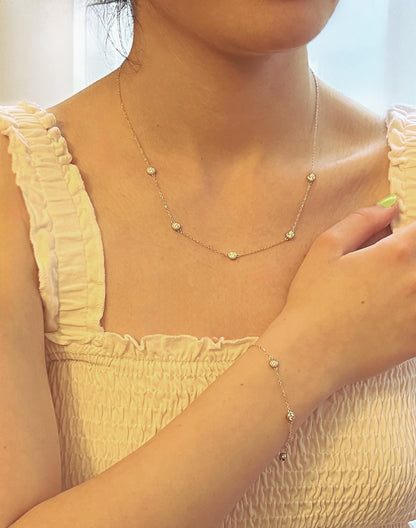 Moissanite Bezel Station Necklace: Rhodium Plated Sterling Silver, 1 CTTW