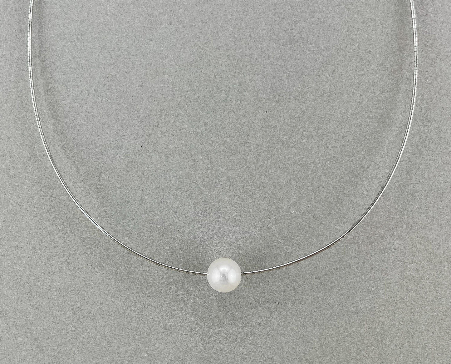 Floating Pearl Necklace: Rhodium Plated Sterling Silver Wire, Minimalist Jewelry