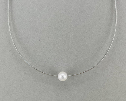 Floating Pearl Necklace: Rhodium Plated Sterling Silver Wire, Minimalist Jewelry