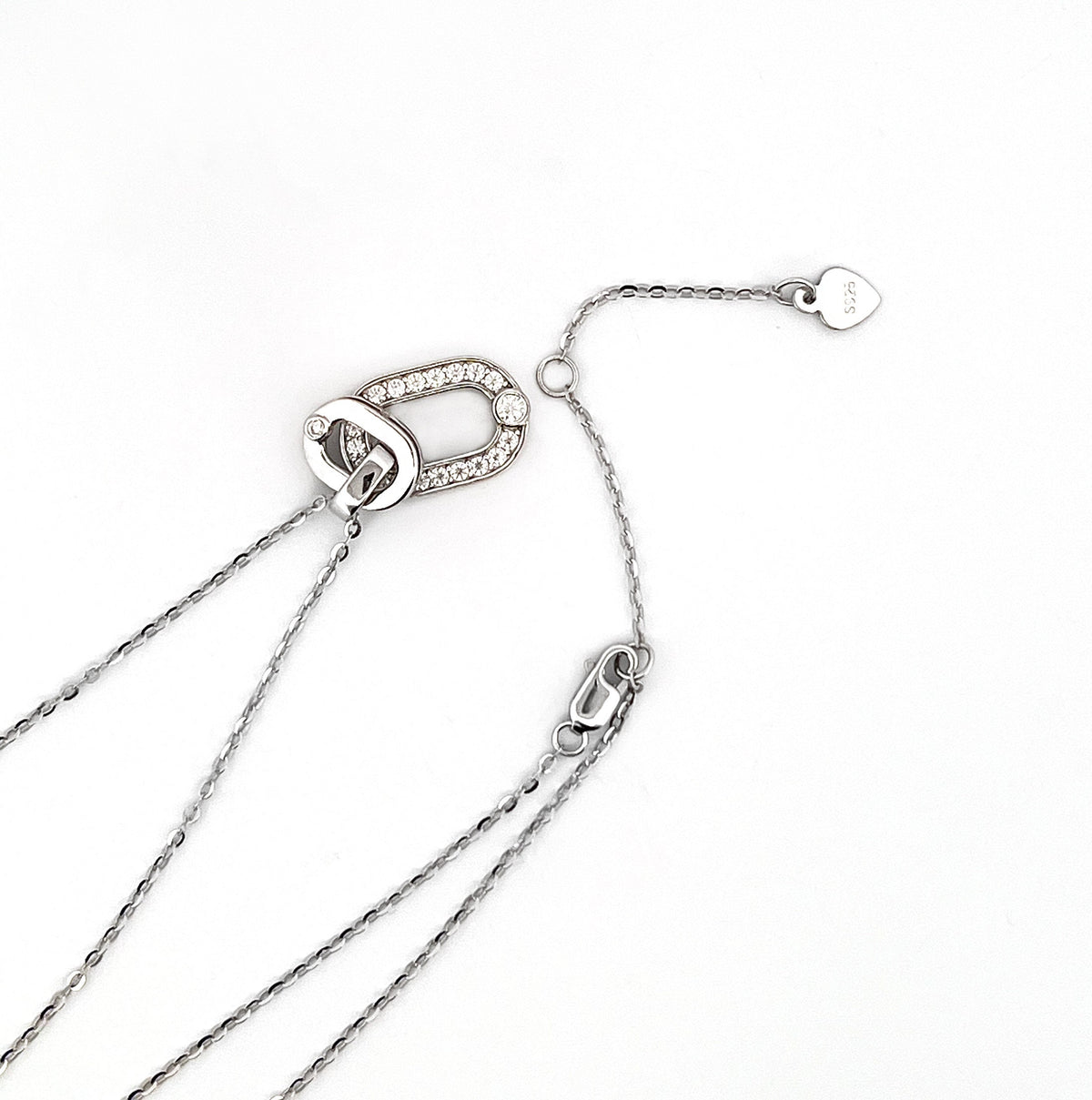 Certified Moissanite Double Oval Pendant Necklace: Rhodium Plated Sterling Silver