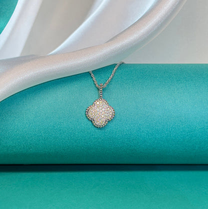 Moissanite Four-Leaf Clover Necklace: Rhodium Plated Sterling Silver Pendant