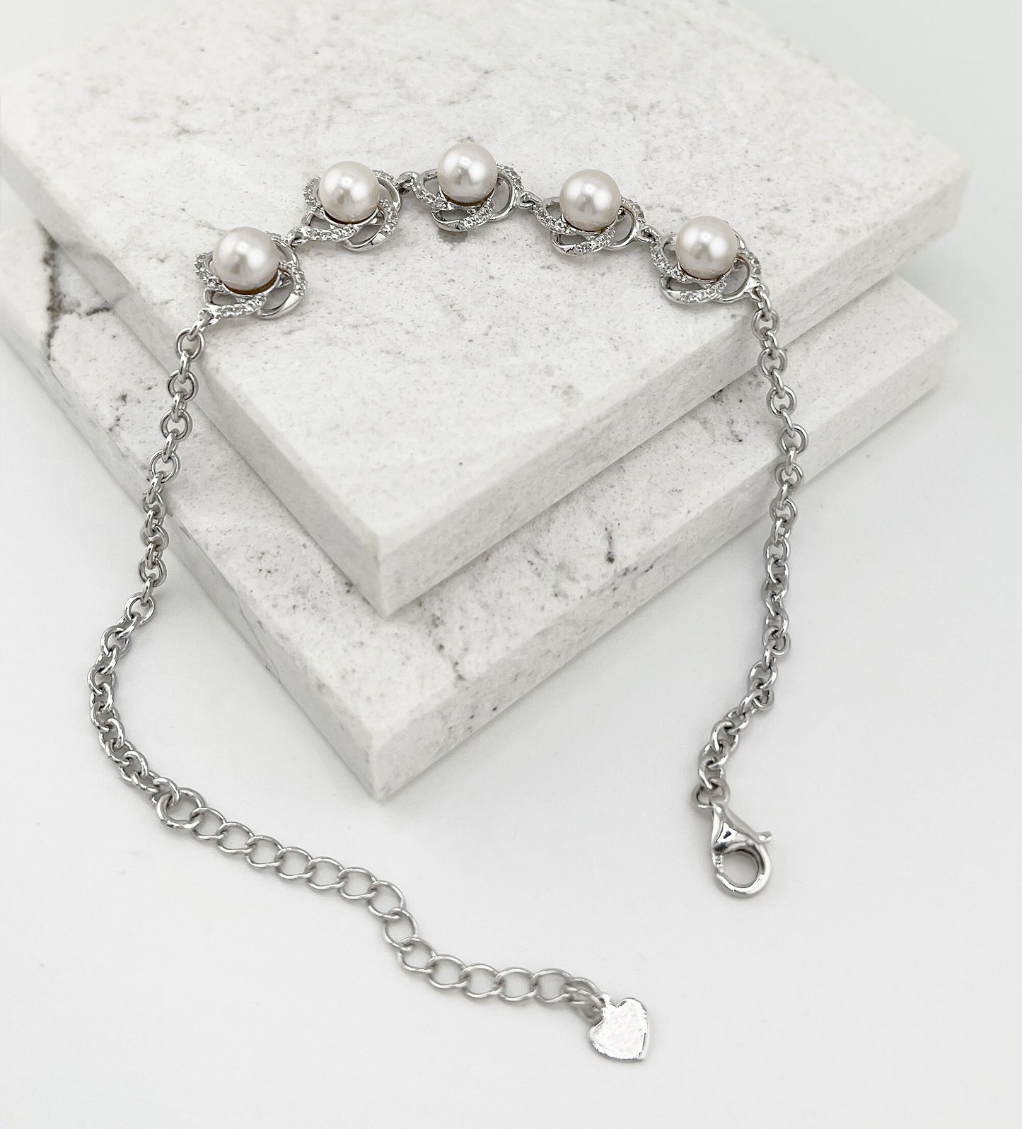 Moissanite Flower Bracelet: Freshwater Pearl, Rhodium Sterling Silver Bridal Jewelry