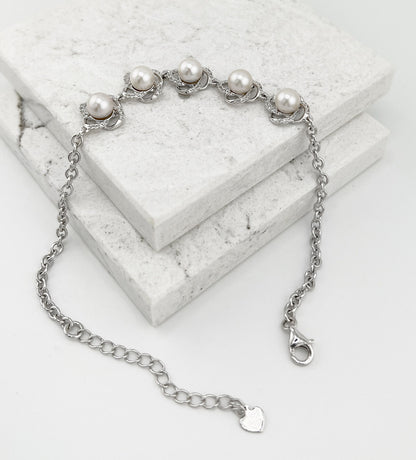 Moissanite Flower Bracelet: Freshwater Pearl, Rhodium Sterling Silver Bridal Jewelry