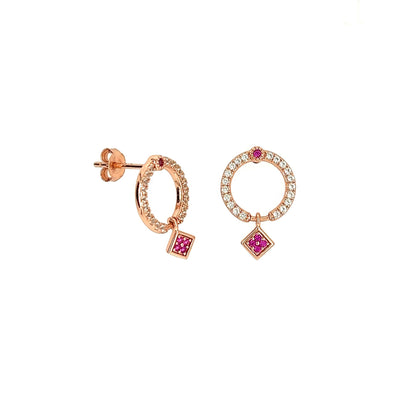 Ruby & White Sapphire Circle Earrings: Rose Gold Sterling Silver Dangle Studs