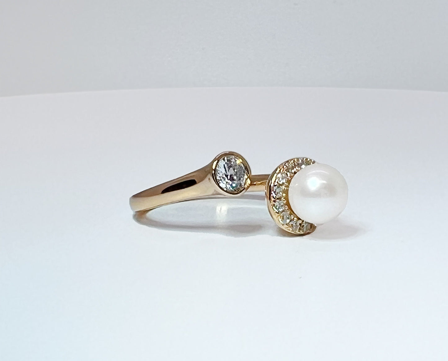 Moissanite & Pearl Ring: Yellow Gold Sterling Silver Bypass Ring