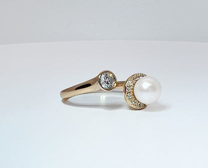 Moissanite & Pearl Ring: Yellow Gold Sterling Silver Bypass Ring
