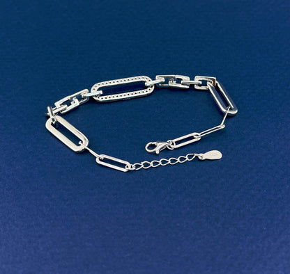 Moissanite Paperclip Bracelet: Rhodium Plated Sterling Silver Chain, Minimalist Rectangle Link