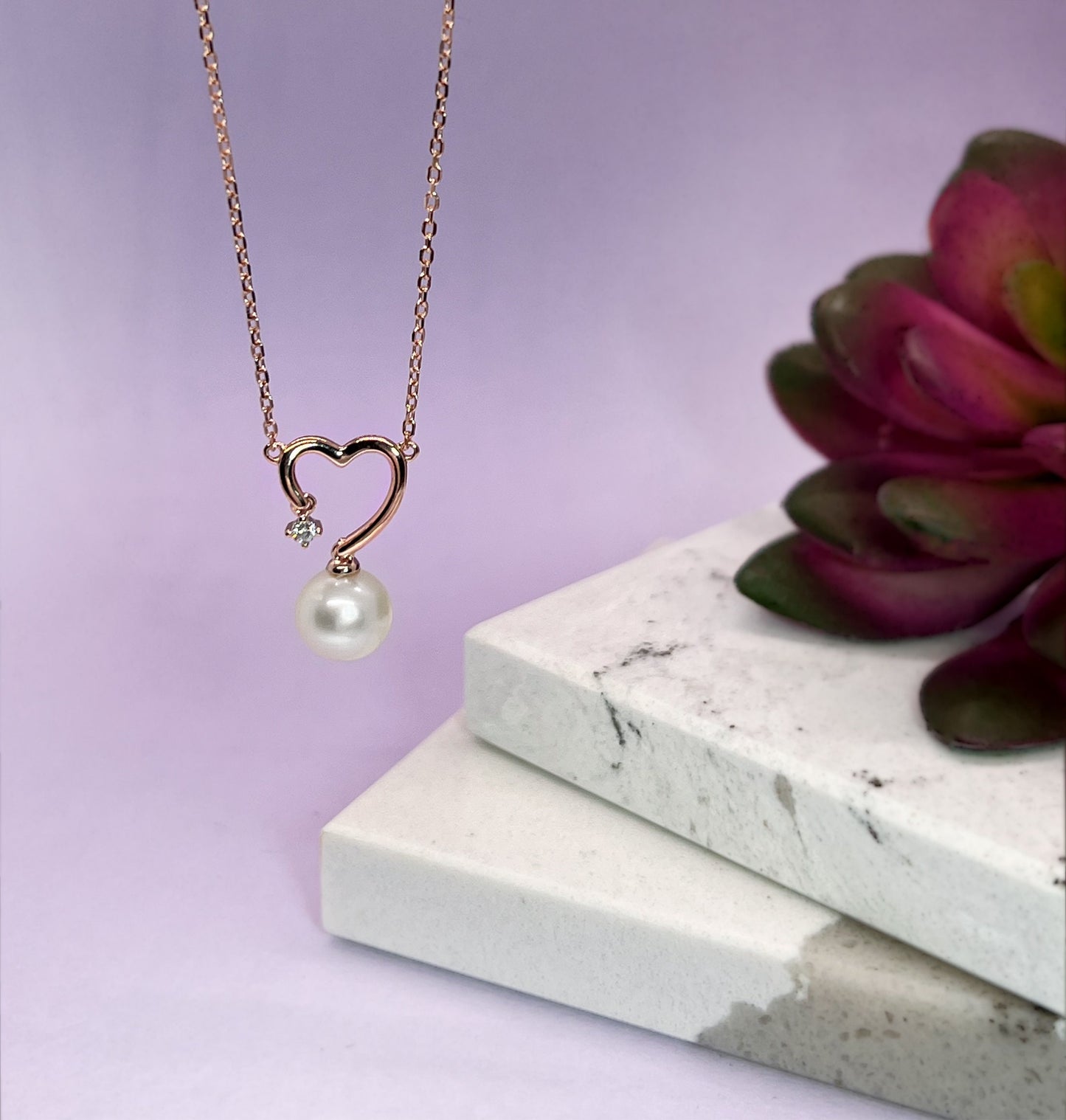 Moissanite & Pearl Heart Pendant Necklace: 14K Rose Gold Sterling Silver