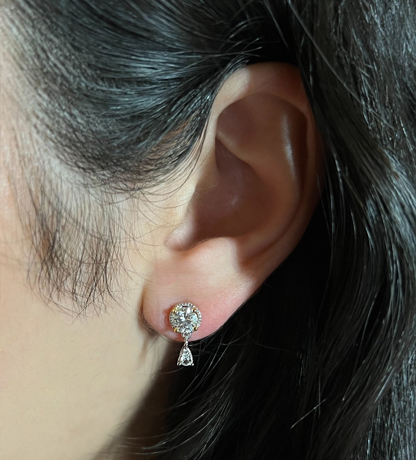 Moissanite Halo Dangle Earrings: Two-Tone Sterling Silver Studs