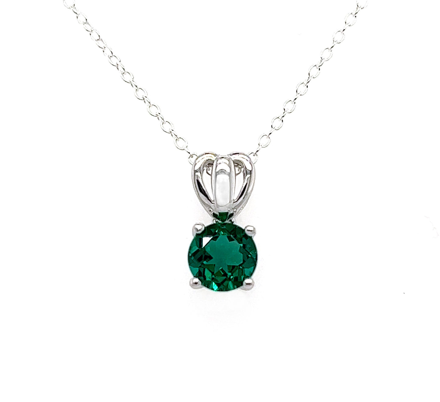 Emerald Solitaire Pendant Necklace: Rhodium Plated Sterling Silver