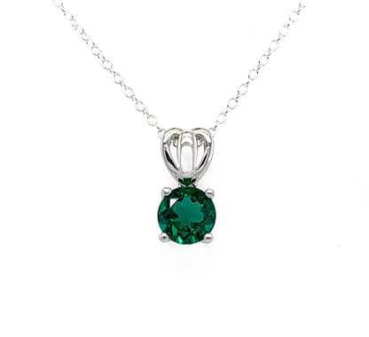 Emerald Solitaire Pendant Necklace: Rhodium Plated Sterling Silver