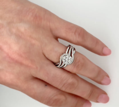 Diamond Cluster Cocktail Ring: Sterling Silver Flower, Twisted Band (Size 7)