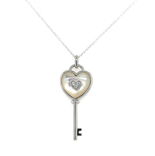 Heart Key Necklace: Sterling Silver, Mother of Pearl & White Sapphire Pendant