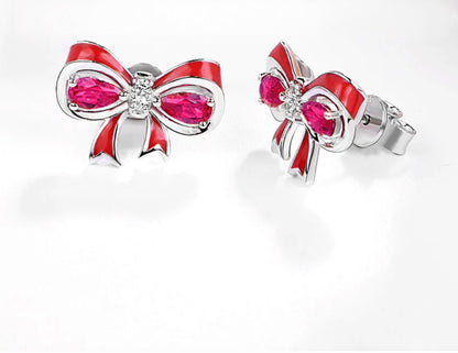 Sterling Silver Ruby Bow Earrings: Pear Cut Gemstone Studs