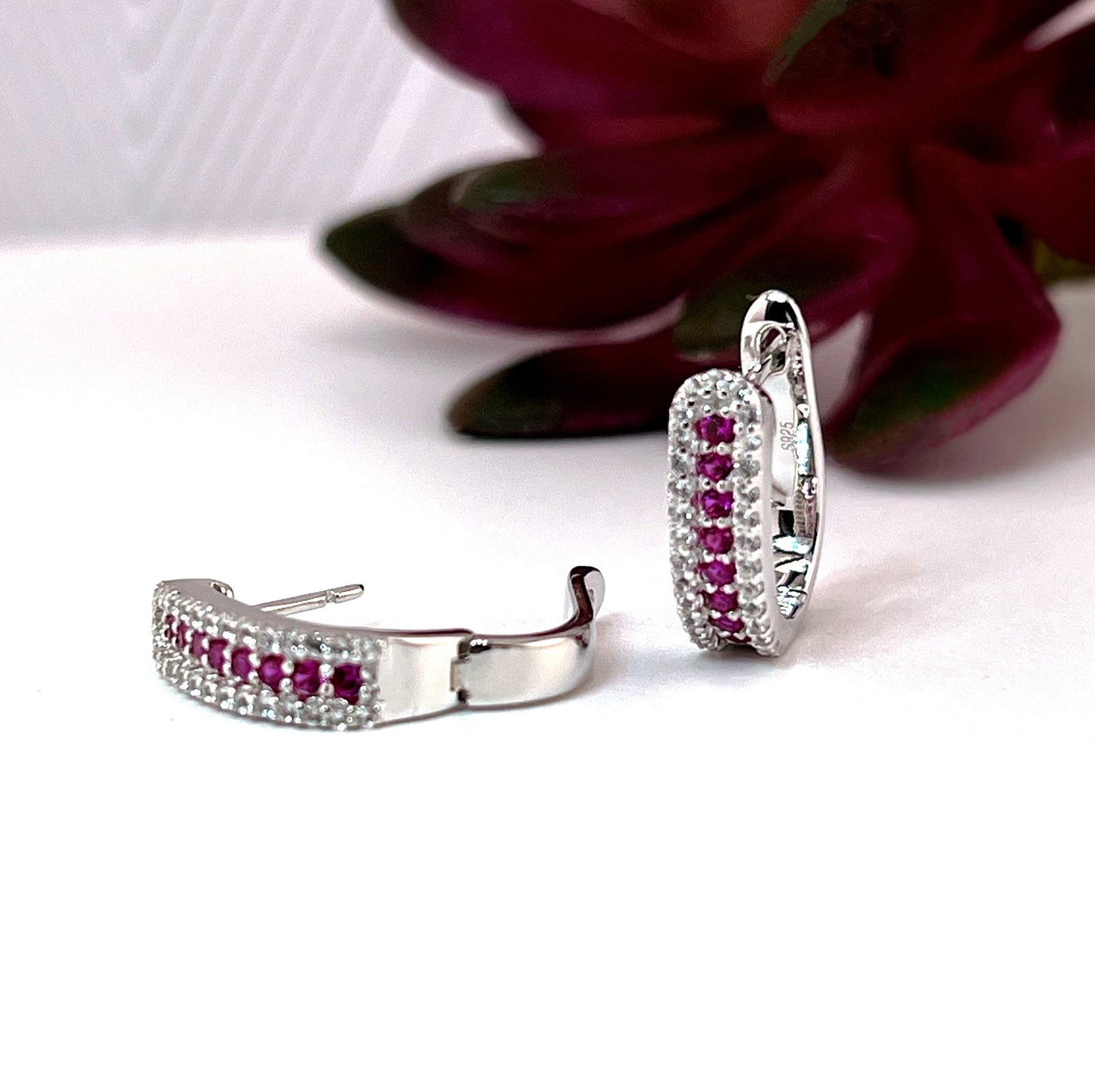 Ruby Huggie Earrings: Rhodium-Plated Sterling Silver, Small Hoop Earrings