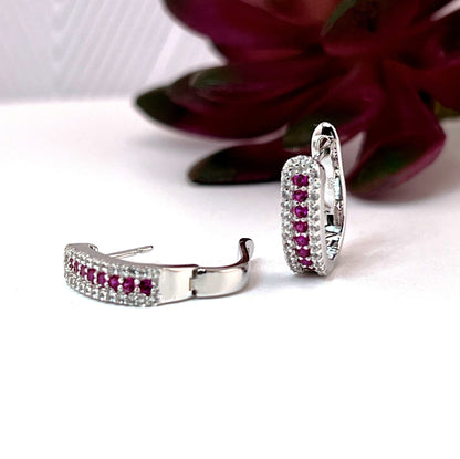 Ruby Huggie Earrings: Rhodium-Plated Sterling Silver, Small Hoop Earrings