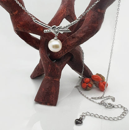 Love Knot Pearl Necklace: Rhodium Sterling Silver Heart Pendant