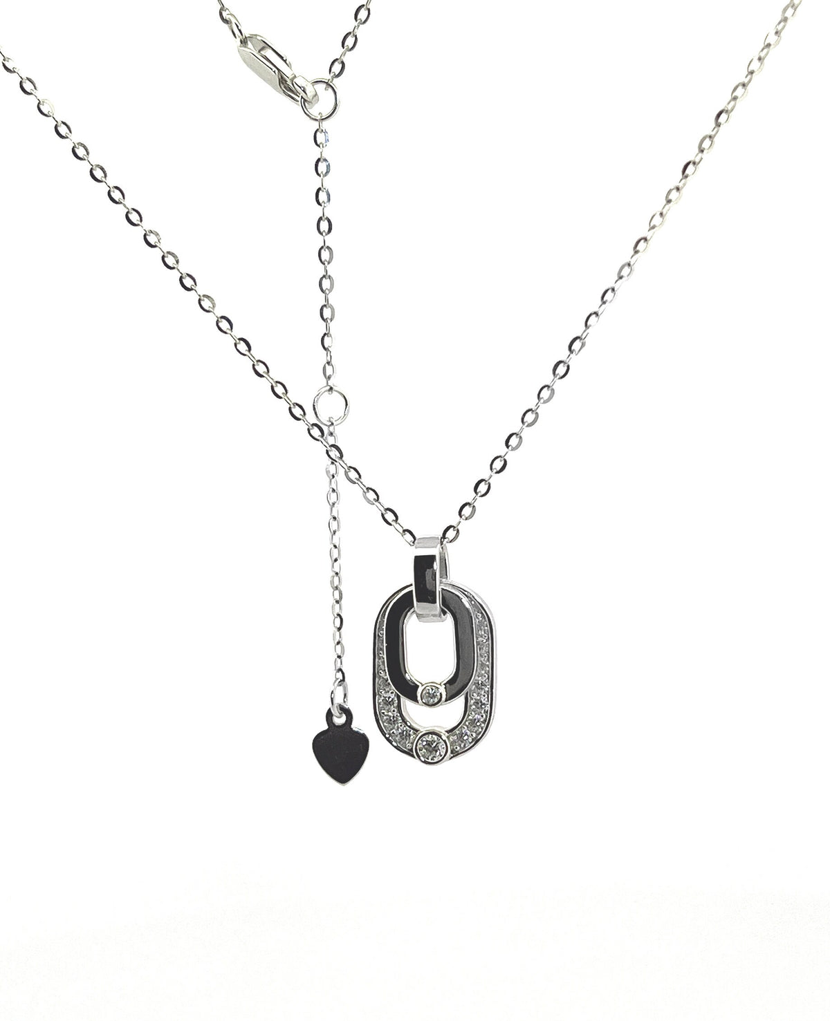 Certified Moissanite Double Oval Pendant Necklace: Rhodium Plated Sterling Silver