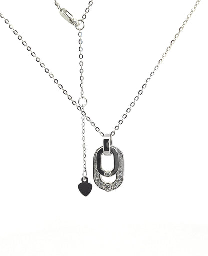Certified Moissanite Double Oval Pendant Necklace: Rhodium Plated Sterling Silver