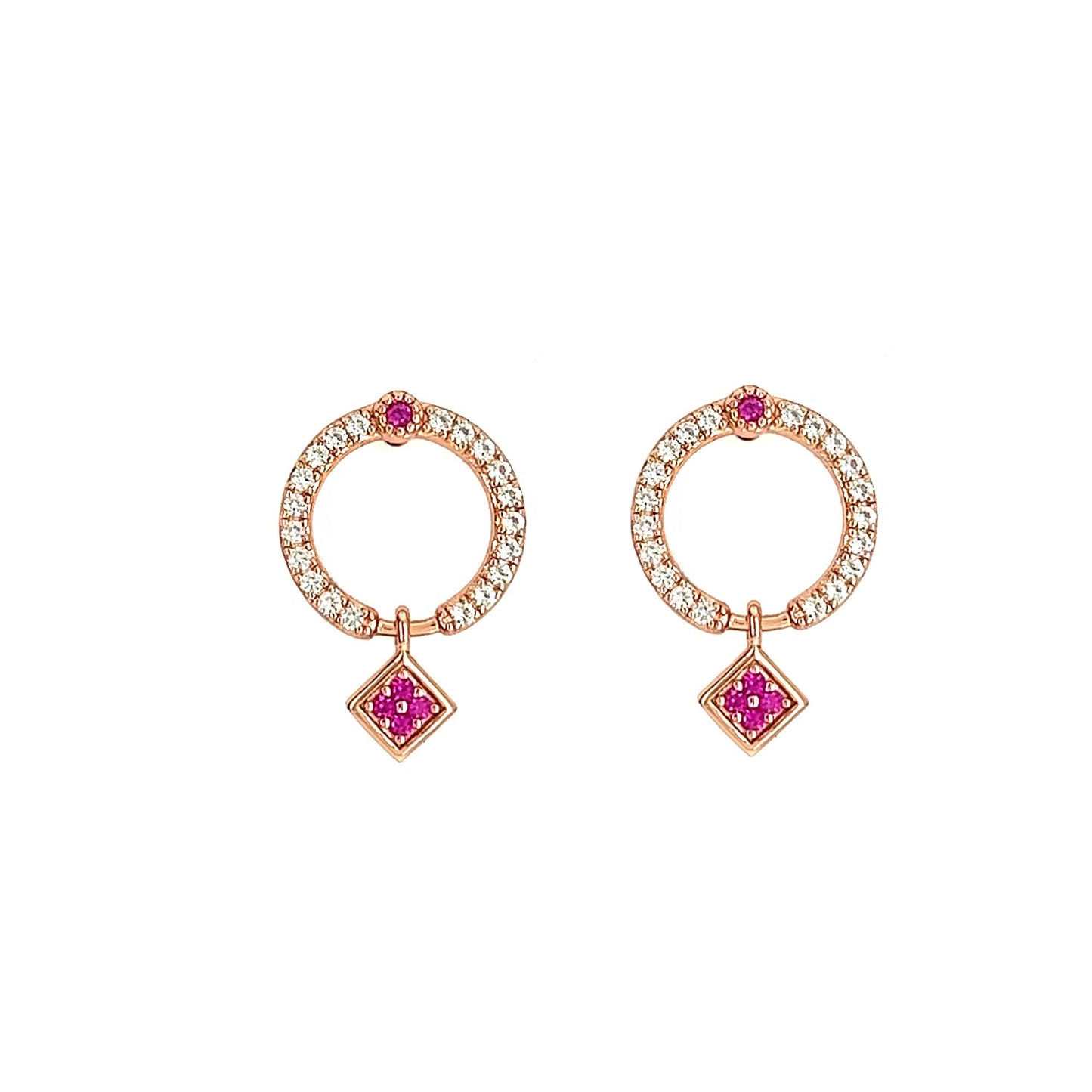Ruby & White Sapphire Circle Earrings: Rose Gold Sterling Silver Dangle Studs