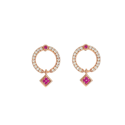 Ruby & White Sapphire Circle Earrings: Rose Gold Sterling Silver Dangle Studs