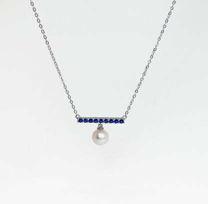 Sterling Silver Bar Necklace: Ruby or Sapphire, Freshwater Pearl Dangle