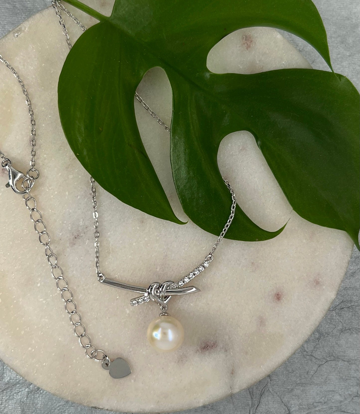 Love Knot Pearl Necklace: Rhodium Sterling Silver Heart Pendant