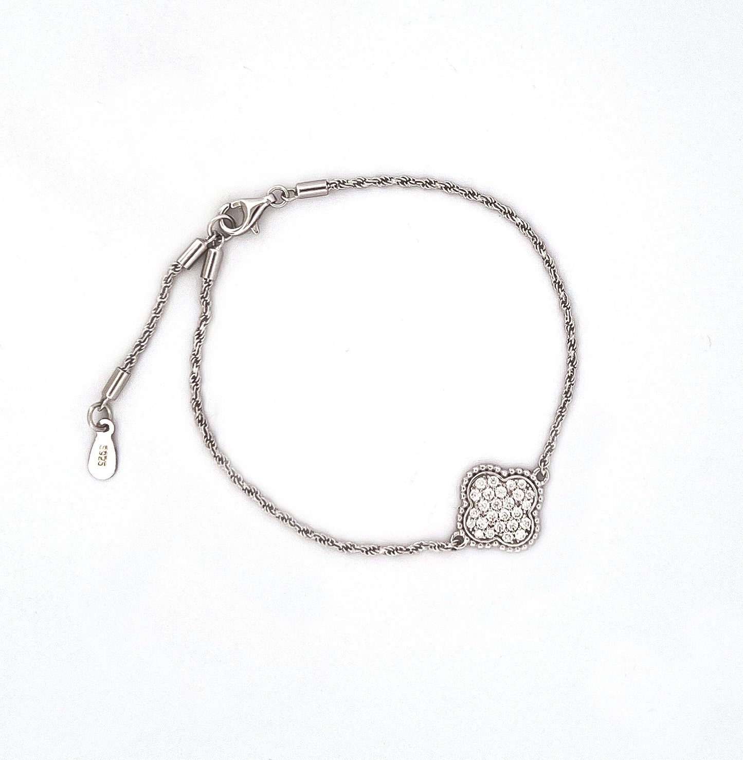 Moissanite Four Leaf Clover Bracelet, 18K Gold-Plated or Rhodium Plated Sterling Silver Lucky Charm, Adjustable Pavé Bracelet, Gift for Her