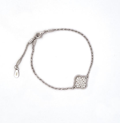 Moissanite Four Leaf Clover Bracelet, 18K Gold-Plated or Rhodium Plated Sterling Silver Lucky Charm, Adjustable Pavé Bracelet, Gift for Her