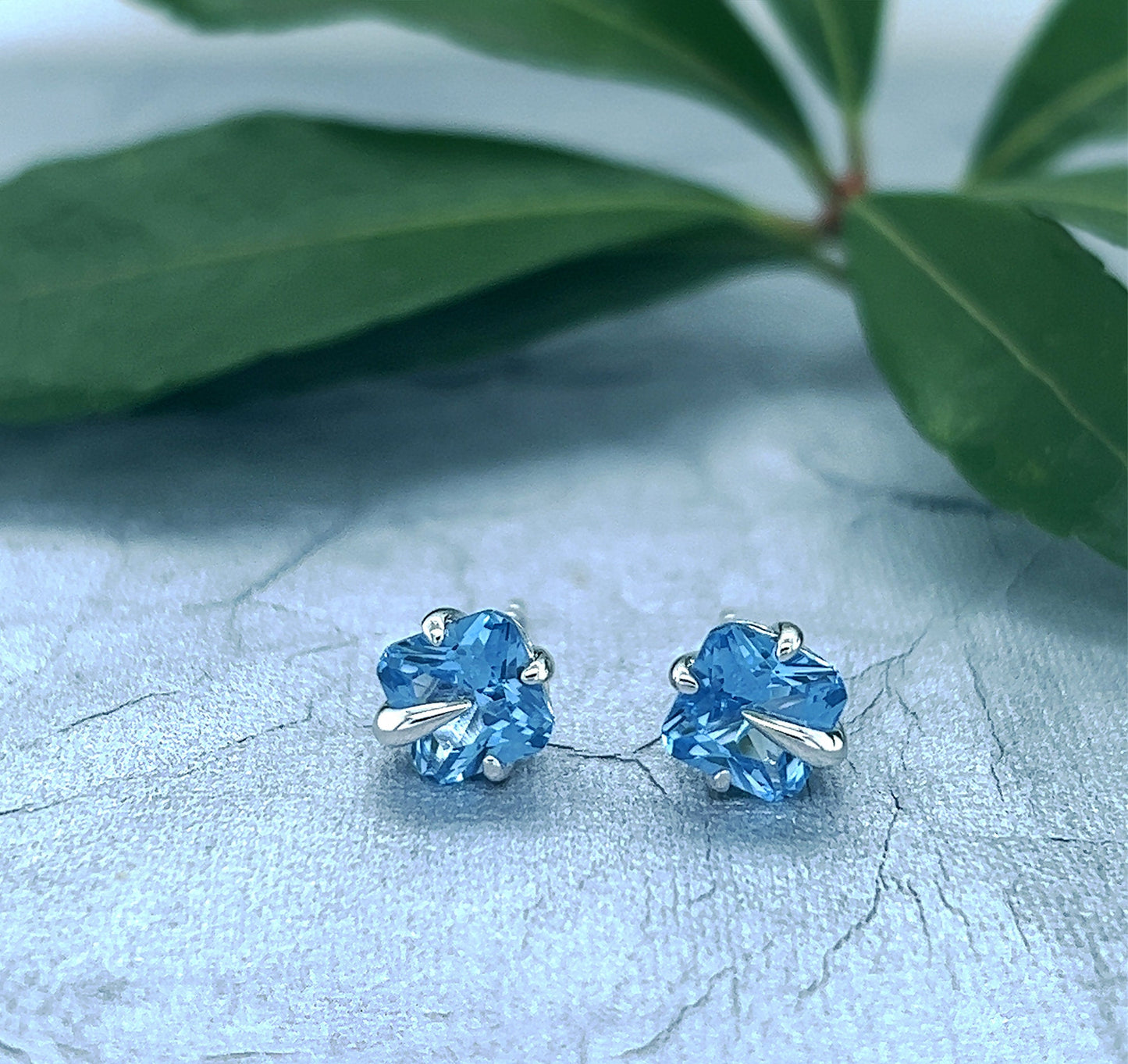 Blue Spinel Stud Earrings: Rhodium Sterling Silver, 6mm Cushion Cut