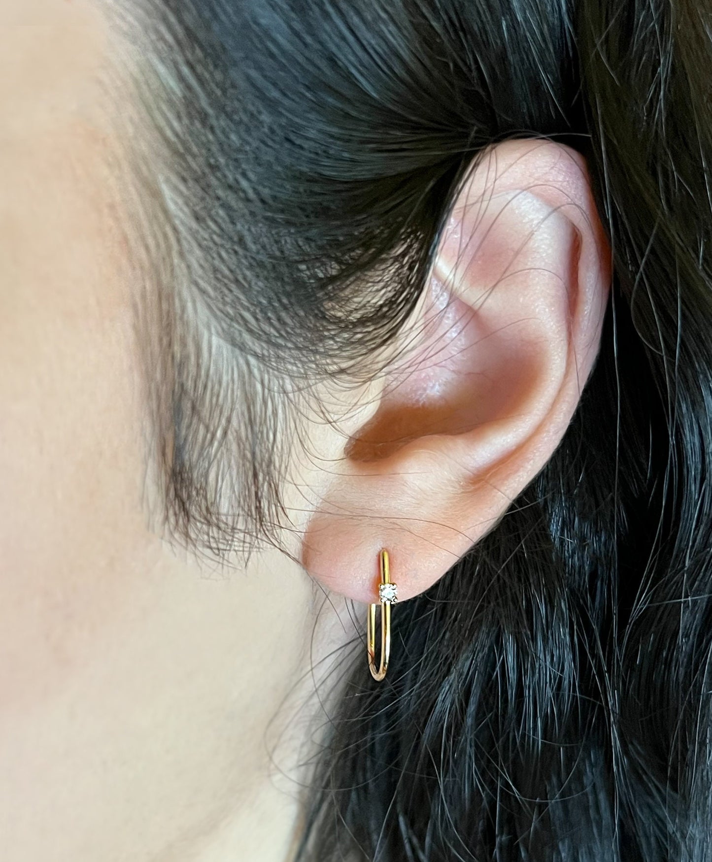 14K Yellow Gold J-Hoop Earrings with Diamond Accent