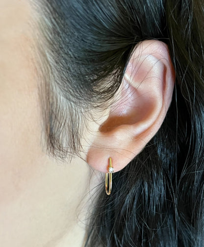 14K Yellow Gold J-Hoop Earrings with Diamond Accent