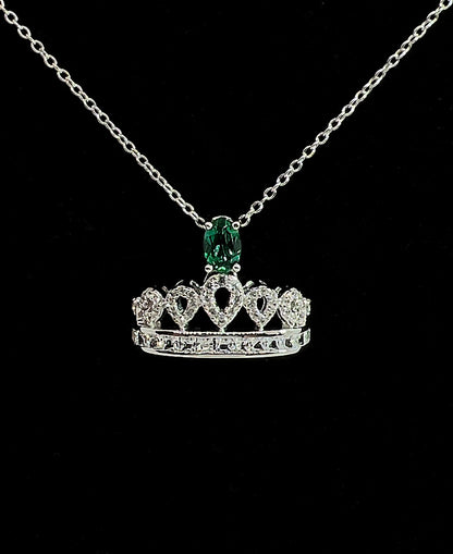 Emerald Crown Necklace: Rhodium Plated Sterling Silver, White Sapphire Pendant