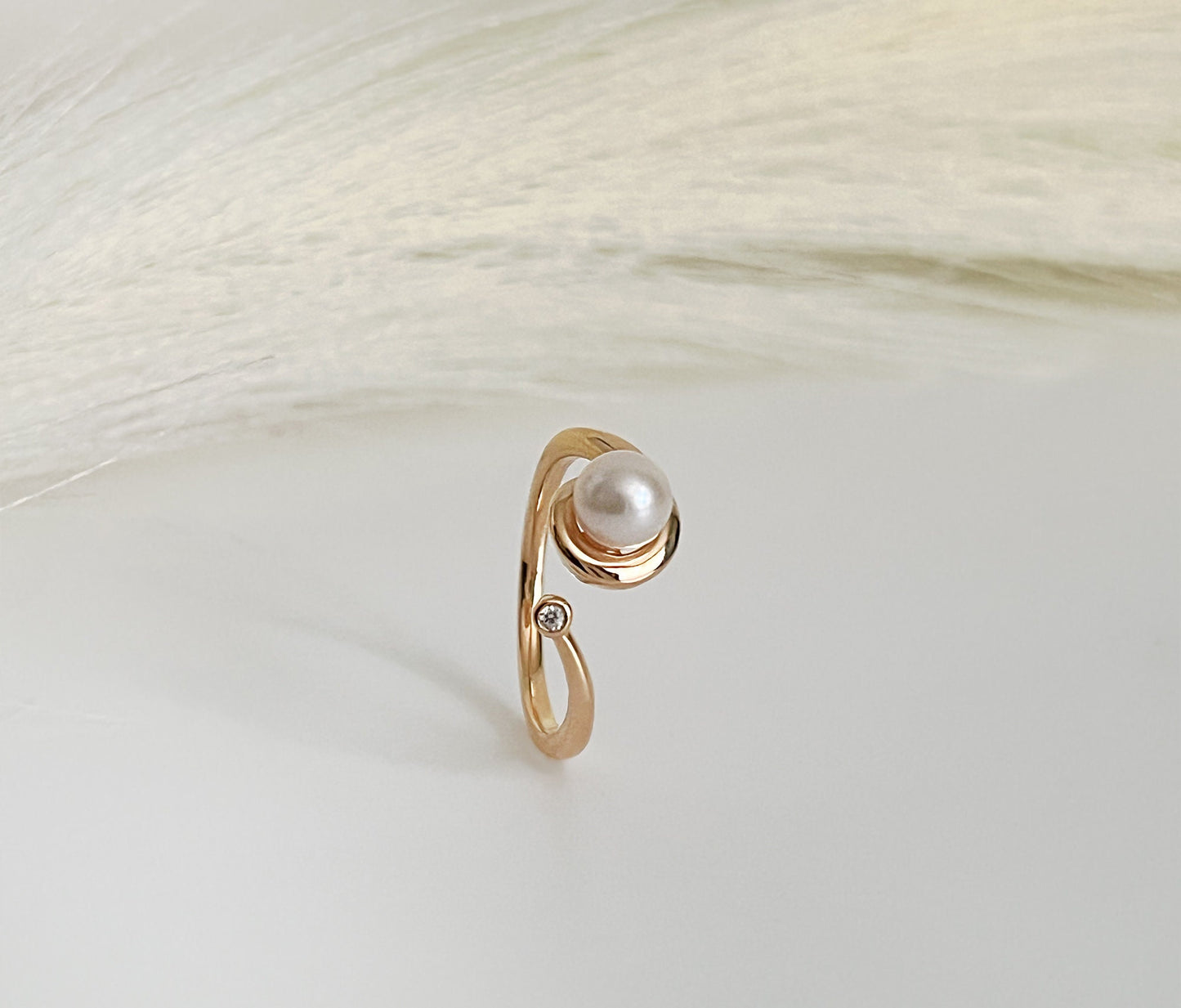 Freshwater Pearl Moissanite Bypass Ring, 14K Gold Plated Sterling Silver