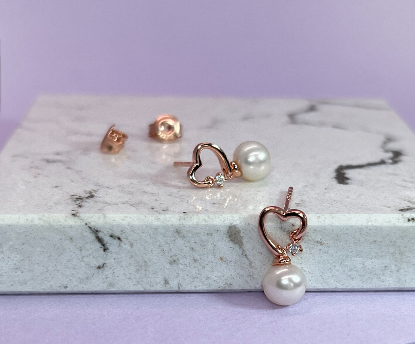 Moissanite Pearl Heart Earrings: 14K Rose Gold Plated Sterling Silver