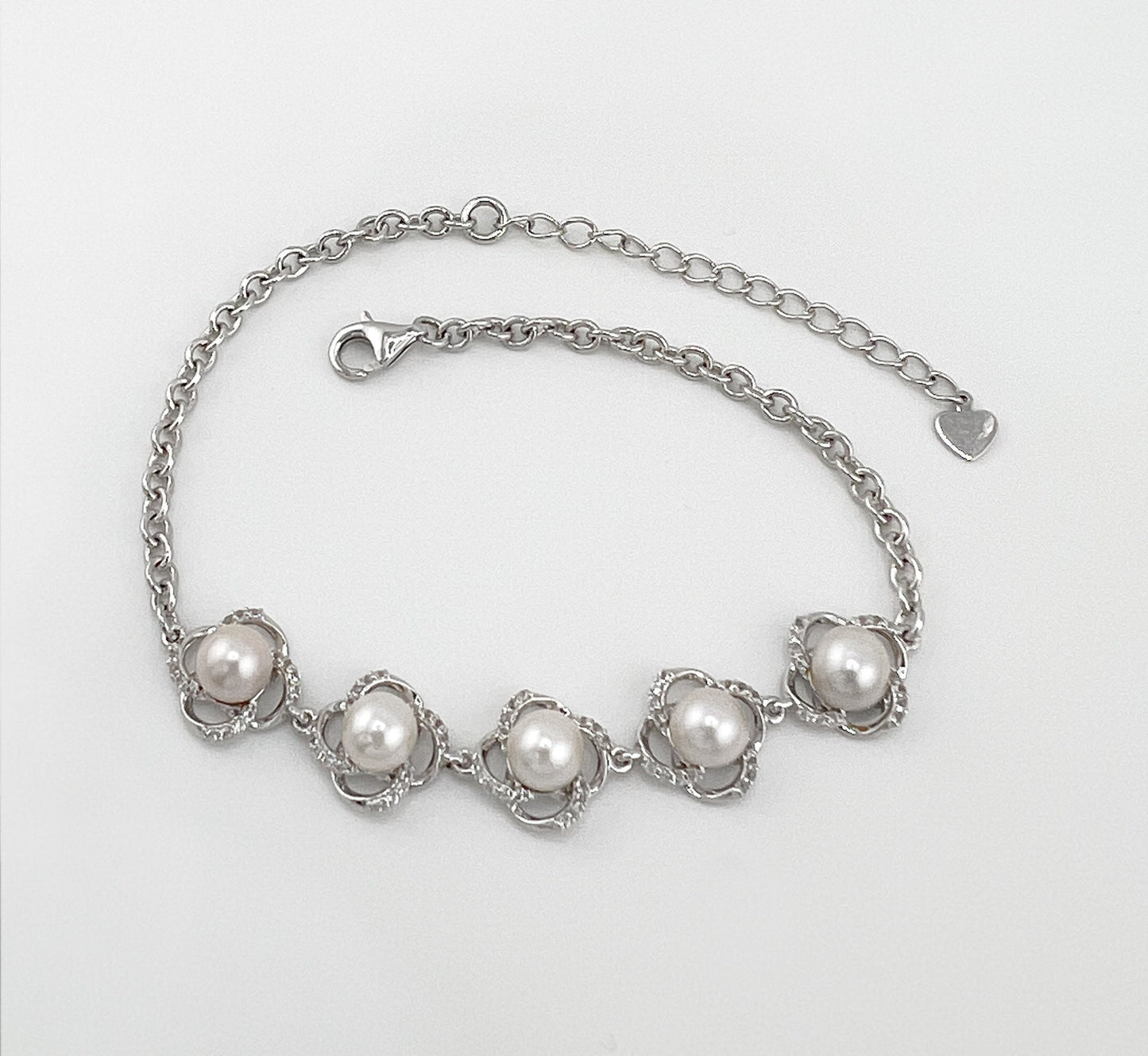 Moissanite Flower Bracelet: Freshwater Pearl, Rhodium Sterling Silver Bridal Jewelry