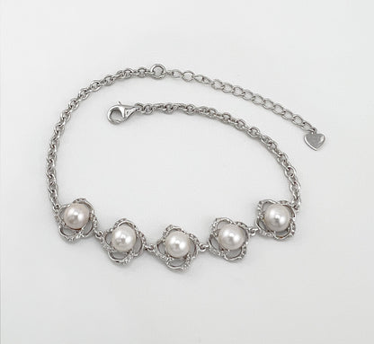 Moissanite Flower Bracelet: Freshwater Pearl, Rhodium Sterling Silver Bridal Jewelry