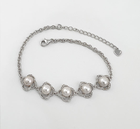 Moissanite Flower Bracelet: Freshwater Pearl, Rhodium Sterling Silver Bridal Jewelry