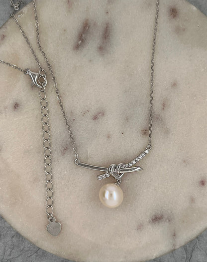 Love Knot Pearl Necklace: Rhodium Sterling Silver Heart Pendant