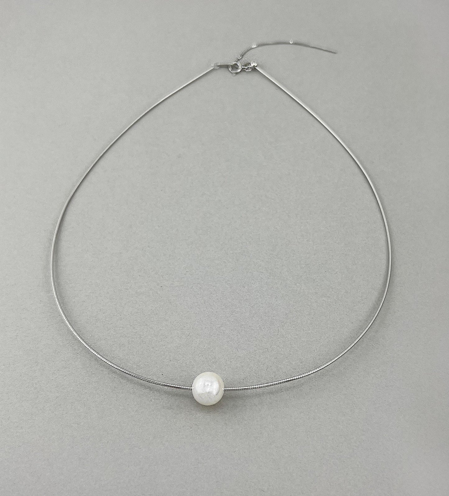 Floating Pearl Necklace: Rhodium Plated Sterling Silver Wire, Minimalist Jewelry